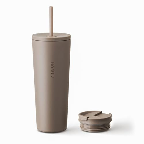 VINSUN Thermobecher mit Strohhalm 720ml - Edelstahl, auslaufsicher, doppelwandig isoliert - Heiß & Kaltgetränke - Kaffeebecher taupe mit zwei Deckeln für Reisen, Auto, Uni