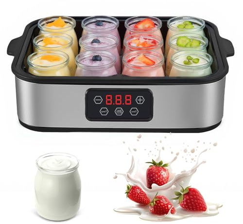 Yogurtera eléctrica de 25 W con 12 tarros de Cristal, 2200 ml, Pantalla LED, Temperatura y Temporizador Ajustables, máquina eléctrica para Hacer Yogur orgánico, Natto