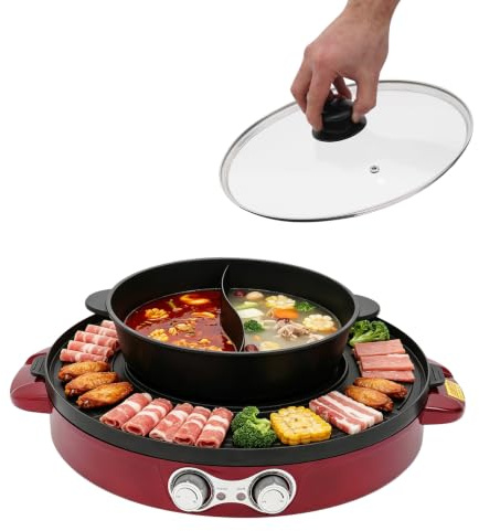 Hot Pot Elektrisk 2 200 W röd med grillplatta och dubbelzonsdesign | Non-stick-beläggning, För Shabu Shabu & Korean BBQ, Delad kruka, För fest och hem