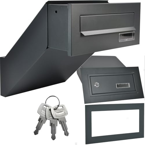 Väggkastning, brevlåda, antracit RAL 7016 med ram, inbyggd brevlåda, väggtjocklek 260–420 mm, väderbeständig, frontplatta, 285 × 110 mm, stålplåt, pulverlackerad A4-inkast inkl. 3 nycklar