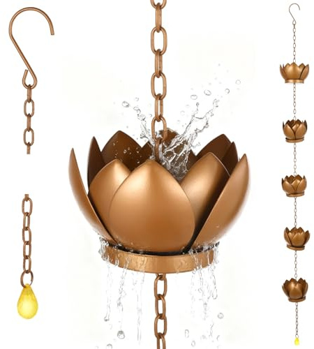 Chewtoyo 3.9 Ft Rain Chain, Lotus Cup for Gutters, 5 Red Copper Cups and Yellow Crystal Pendant, Downspout Replacement