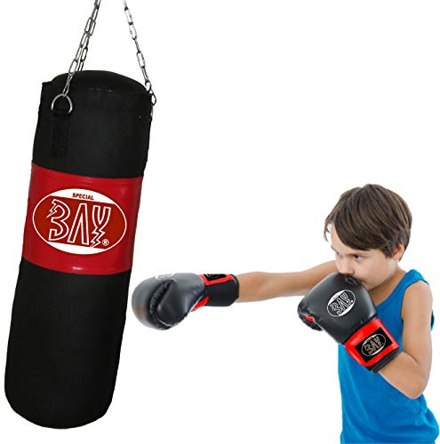 BAY Boxset Plus Boxsack mit Stahlkette 85 cm x 25 cm, 9 kg, PU-Leder Boxhandschuhe Größe S/M, für Damen Herren Jugendliche Kinder, Schwarz/Rot