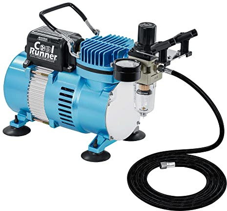 Master Airbrush 1/5 HP Cool Runner II Dual Fan Air Compressor Kit Model TC-320 - Professional Single-Piston with 2 Cooling Fans, Longer Running Time Without Overheating - Regulator Water Trap, Holder