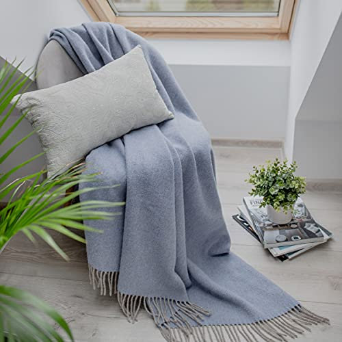 Linen & Cotton Cálida y Suave Manta de Lana Columbus - 100% Pura Lana de Nueva Zelanda, Beige Natural Azul Claro (140 x 200 cm) Mantas de Invierno para Sofá Cama Individual Edredón Colcha de Cama