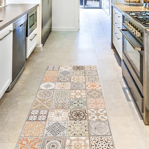 CREARREDA Läufer Teppich Küchenteppich Persian Tiles 50x180 Isolierend, feuerhemmend, Kratzfest, hypoallergen, leicht zu waschender Vinyl Teppich. Komplett in Italien hergestellt