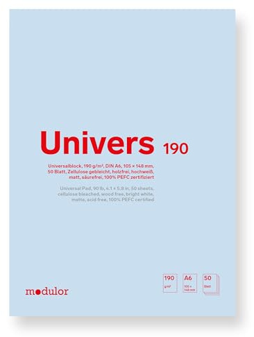 Universalblock U190, 190 g/m², 105 x 148 mm, für DIN A6, 50 Blatt (blanko) | Skizzenblock aus hochweißem Papier mit matter Oberfläche; geeignet für trockene Zeichenmaterialien wie Blei, Kohle und Kreide
