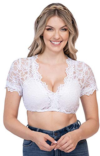 Dirndl-blus av spets kortärmad vit – elegant & exklusiv dam Dirndl-blus delvis transparent Thea, Vit, 44