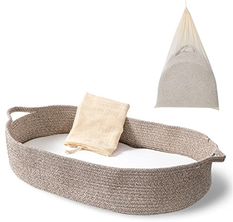 Baby-Wickelkorb – Wickeltischauflage für Babykörbchen und dicke Schaumstoffunterlage mit abnehmbarem Baumwoll-Matratzenbezug, 100% Baumwolle, Boho-Kinderzimmer-Dekor in Kaffeefarbe mit