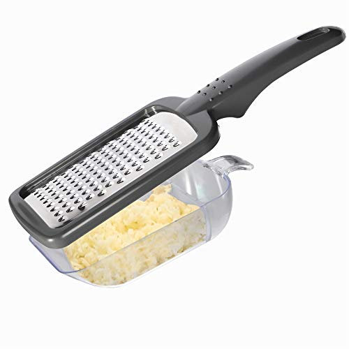 KADAX Rallador con recipiente de plástico, rallador de verduras de acero inoxidable, rallador de verduras con recipiente colector, cortador de verduras, cortador de fruta, pelador (gris)