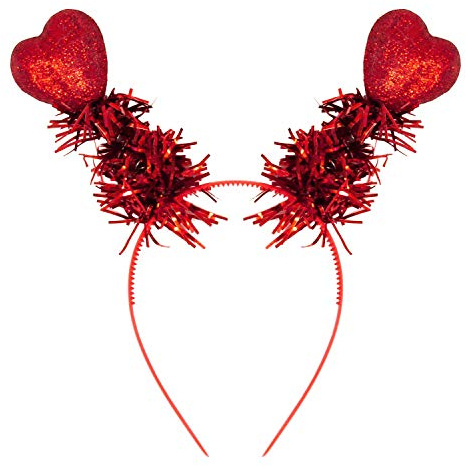 Oblique Unique® Herz Haarreifen mit 2 Herzen mit Glitzereffekt und Lametta Haarreif Kostüm Accessoire für JGA Fasching Karneval Motto Party - Rot