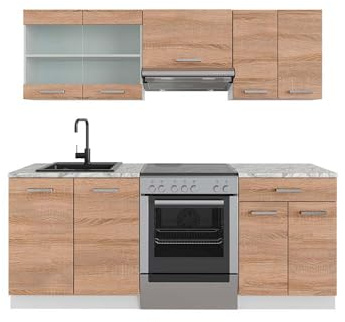 Vicco Küchenzeile R-Line, Küchenblock, Sonoma/Weiß, 200 cm ohne Arbeitsplatte