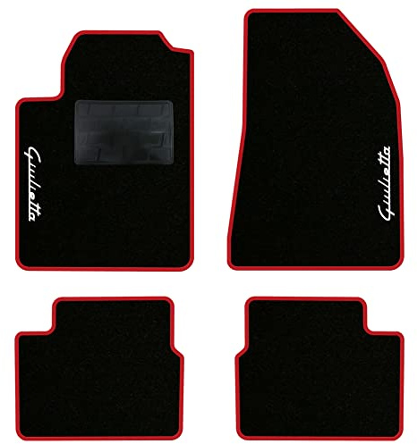 QUEMAR Tappetini Auto per Alfa Romeo Giulietta, Bordo Rosso, 2 Ricami | 2010-2016 / Kit Tappeti Moquette e Gomma su Misura / Set 2 Anteriori + 2 Posteriori / Ricami e Colori Personalizzati