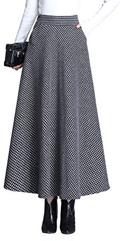 Artykey Jupe Longue Femme Hiver Vintage Élégant Taille Haute Carreaux Taille élastique Maxi Jupe Laine Chaud A-Line Plissée Jupe Casual Party B Black L