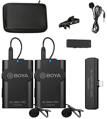 BOYA BY-WM4 PRO-K4 Dual Channel Wireless Lavalier Microphone System with Lightning Connector for iPhone/iPad/IOS Devices, Two Person Vlog, Dialog, Interview Video Recording,Youtube