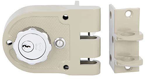 Amig - Cerradura de Sobreponer de Derecha con palanca de Cierre, Lengüeta y Tirador para Puertas de Madera Mod. 1396-60 mm - Pestillo con Cilindro Interior y Exterior - Acero Beige