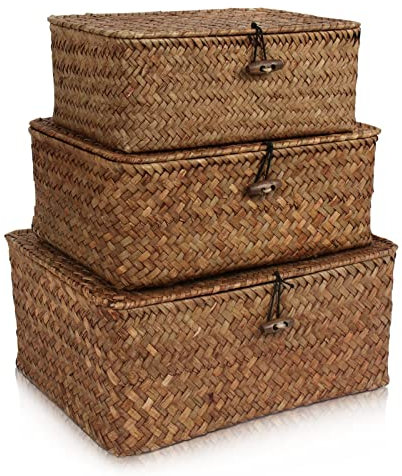 HUALIANG Rattan Aufbewahrung Korb mit Deckel,3 Pieces Natürliches Seegras Geflochtener Regalkörbe,Multifunktionaler Aufbewahrungsbox zum von Spielzeug Kosmetika badezimmer toilettenpapier aufbewahrung