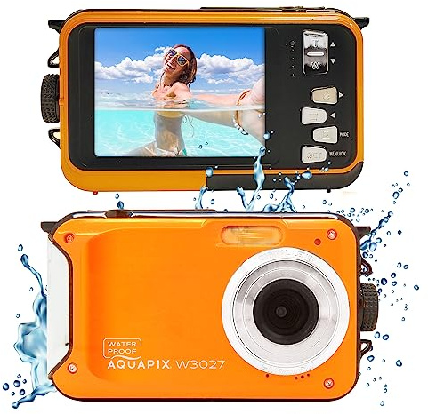 Aquapix W3027 'Wave' Unterwasserkamera, wasserfest bis 3 m, 2.7 Display, bis zu 30 MP Auflösung, 4X Digital-Zoom, 5 MP Sensor, Orange