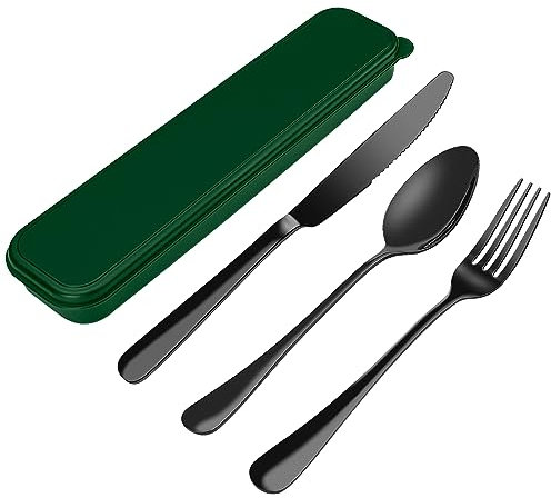 Portable Cutlery Set，Travel Utensil Set with Case，Travel 18/8 Stainless Steel Spoon and Fork Set for Lunch Box, 3 PCs Travel Silverware Set Travel Cutlery Ideal for Travel Camping Office
