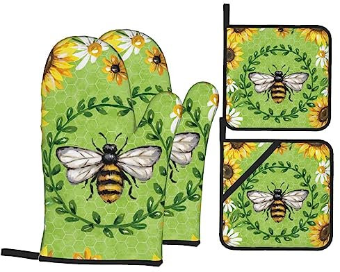 EVANEM Ofenhandschuhe und Topflappen 4er Set BBQ Handschuhe Sonnenblumen rutschfeste Ofenhandschuhe Hochhitzebeständige Kochhandschuhe für Küche Backen Kochen Unisex Einheitsgröße