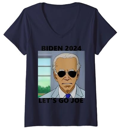 Joe Biden im Anime-Stil mit Sonnenbrille. T-Shirt mit V-Ausschnitt