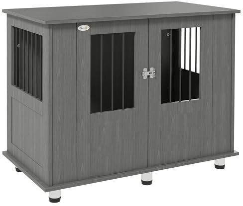 PawHut Dog Crate Furniture End Table, Pet Kennel for Medium and Large Dogs with Magnetic Door, Grey, 95 x 55 x 75 cm