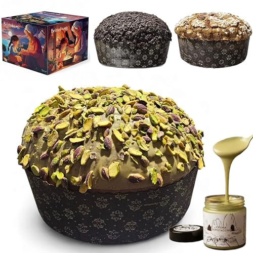 BRICIOLIAMO...[1 Kg.] Panettone Artigianale al Pistacchio con Barattolo di Crema da 200 gr - Glassato al Cioccolato di Pistacchio e Pistacchi interi - Dolce Tradizionale Natalizio.