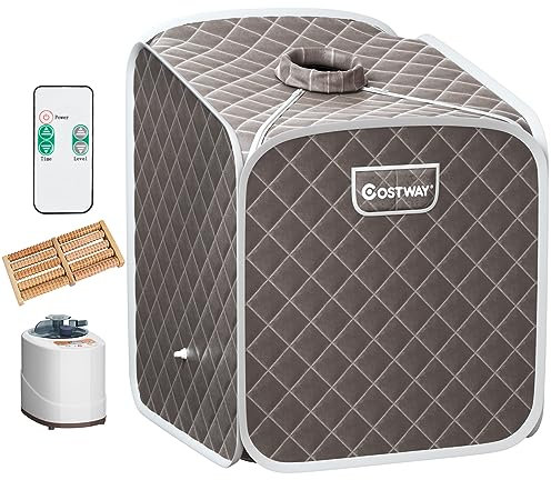 COSTWAY Portable Steam Sauna Tent, Folding Personal Full Body Spa Home Sauna with 1000W Generator, 9 Levels Temperature, Timer, Chair & Foot Massage Roller, Therapy Detox Room Steam Cabin (Grey)