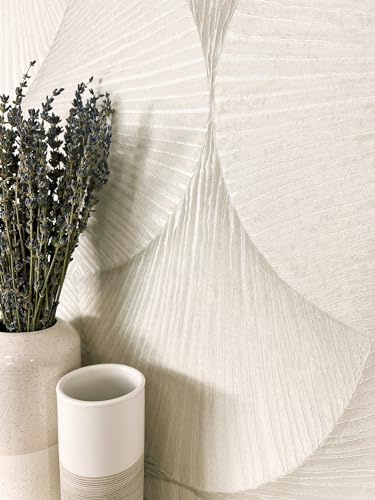 Newroom Vliestapete Taupe Greige Blätter Schimmer Tapete Wohnzimmer | naturfarbenes Blattmotiv fächerförmig, geprägte Rillenstruktur, 3D-Relief, Mustertapete, Wandtapete, Schlafzimmer