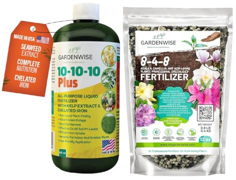GARDENWISE 10-10-10 & 8-4-8 Acidic Fertilizer Bundle for All Plants - Acidic Fertilizer for Azaleas, Camellias, Hydrangeas, Liquid Fertilizer Plant Food Outdoor & Indoor Plant Food (12 & 20oz)