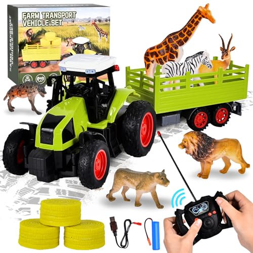 Aragallant RC Tracteur Télécommandé Enfant 3-6 Ans, Voiture Jouet Avec Remorque, 6 Faune et Botte de Foin - Cadeau de Noël Pour Enfants