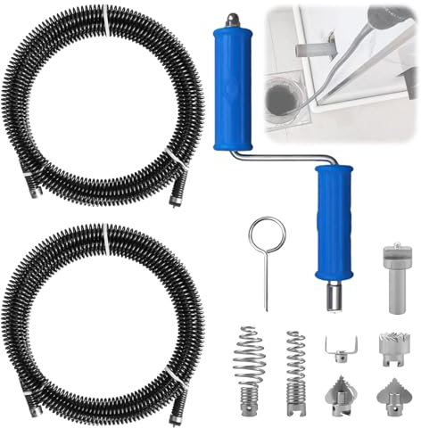 2 Sätze Rohrreinigungsspirale Spirale Ø 12mm, Abflussreiniger Spirale, Abfluss Rohrreinigung mit 8 Bohraufsatz, Rohrreinigungswelle Spirale mit Manuellen und Elektrischen Adaptern, 3 meter