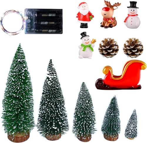 FANWINKJ 5 Stück Mini Tannenbaum Künstlich mit Schnee-Effek,Klein Mini Christbaum 10/15/20/25/30cm,Mit Mini-Weihnachtsmann-Kleiner Schneemann-Mini-Hirsch-Mini-Schlittenwagen