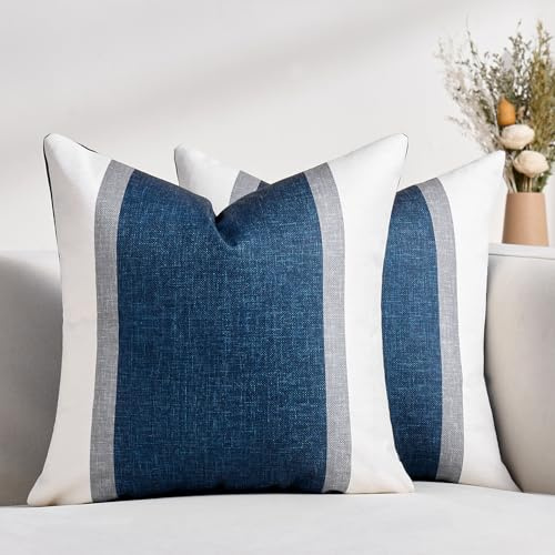 DecorMommt Housse de Coussin 40x40 cm Taie d'oreiller Bleu Marin Blanc Patchwork Double Face Décoratif Taie d'oreiller pour Canapé-lit Accueil Chaise Salon Canapé Housses de Coussin Lot de 2