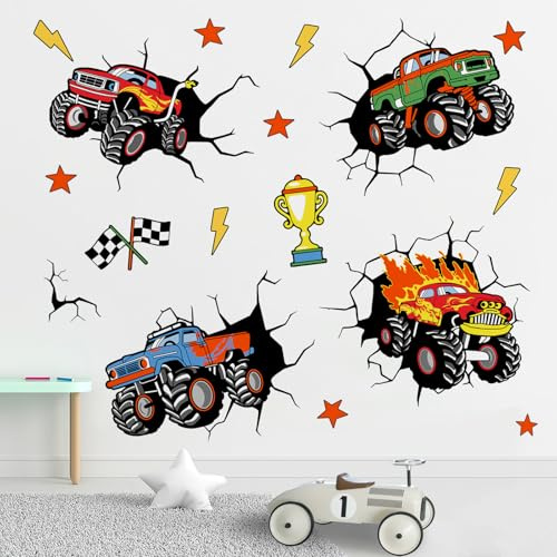 Yovkky 3D Racing Cars Wall Decals Stickers, Trucks Vehicles Break Through Toddler Baby Nursery Decor, Trophy Flags Stars Lightning Home Decorations Boys Kids Bedroom Playroom Art