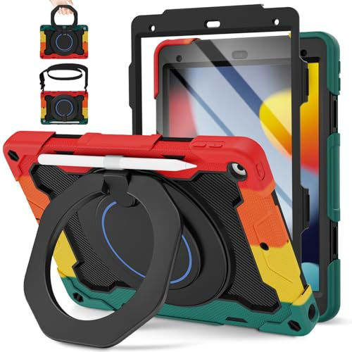 ROISKIN Hülle für iPad 9./8./7. Generation 10.2 Zoll 2021/2020/2019 | mit Displayschutz, 360° Drehbarer Ständer, Stifthalter, Schultergurt, Heavy Duty Stoßfeste Hülle für Kinder, Schwarz-Rot