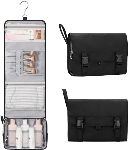 Travel Hanging Toiletry Bag with Makeup Brush Board, Portable Toiletries Bag with Hanging Hook, Water Resistant Wash Bag, Makeup Organizer with Cosmetics for Full Sized Travel Essentials - Black