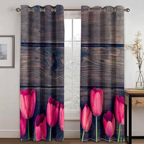 Mesnt Blickdichte Gardinen mit Schlaufen, 86x214cm Braun Rosa Grün Holzbrett Hintergrund und Tulpen Verdunklungsvorhänge mit Ösen