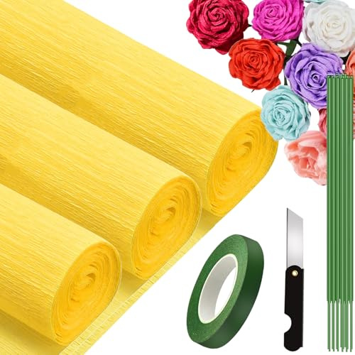 3 Rollen Krepppapier Gelb 25x250cm, Crepe Papier für Handwerke, Krepppapier für Geburtstag, Hochzeiten, Valentinstag-Dekorationen (Gelb)
