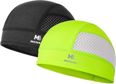 MELASA Berretto da ciclismo sotto casco, leggero e traspirante, protezione dal sudore estivo, in rete, ad asciugatura rapida, per ciclismo, moto, corsa, uomo e donna, Nero/Verde fluorescente, Taglia