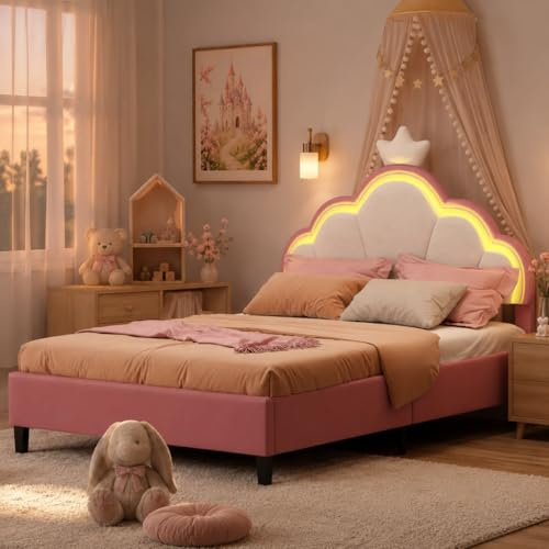 DAHUEN Stoppad barnsäng 90 x 200 cm, prinsesssäng för flickor, ungdomssäng med LED, vadderat huvudgavel med krona, säng för 2 personer med resårbotten, sammet (rosa, 90 x 200 cm)