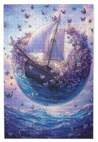 Cafemira Wooden Jigsaw Puzzle 1000 Pcs,Floating Floral Sphere Butterflies and Blossoms on Ocean Surface,Creative Activity Hobbies for Adults,Relax &enjoy the fun of solving,Every Piece is Unique