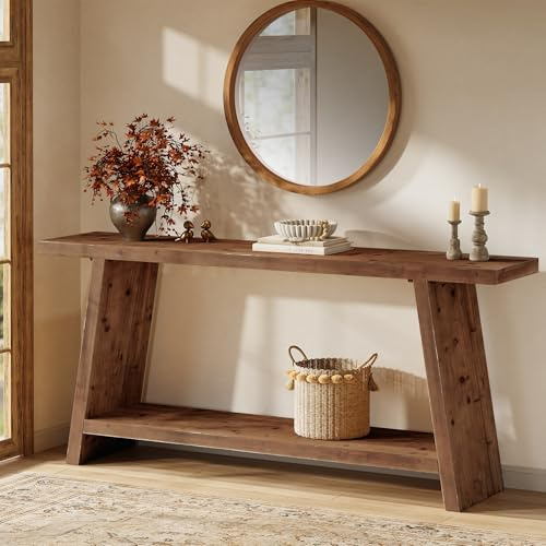 TRIBEWOOD Console in Legno Massiccio 160 cm, Tavolo da Ingresso Stretto con 2 Ripiani, Consolle per Dietro Divano, Corridoio e Soggiorno, Stile Country Vintage, Colore Legno Chiaro