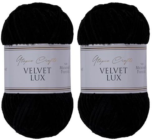 Utopia Crafts Velvet Lux Chenille Super Soft Chunky Yarn for Knitting and Crochet 2x 100g (Black)