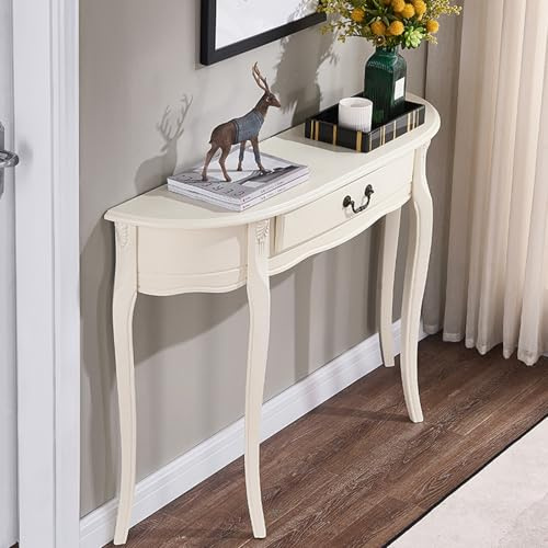 YITAYMLI Consolle in legno semicircolare con cassetto,elegante tavolino vintage a mezzaluna per divano,squisite incisioni tradizionali,maniglie in metallo soggiorno,ingresso(White,120cm/47.2in)
