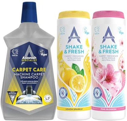 ASTONISH Specialist Carpet Care BUNDLE, 1 x Carpet SHAMPOO 1l, 1 x Shake and Fresh PINK BLOSSOM 350g, 1 x Shake and Fresh LEMON SPARKLE 350g, Lifts and Removes Stains, Vac Maxx, Carpet Freshener