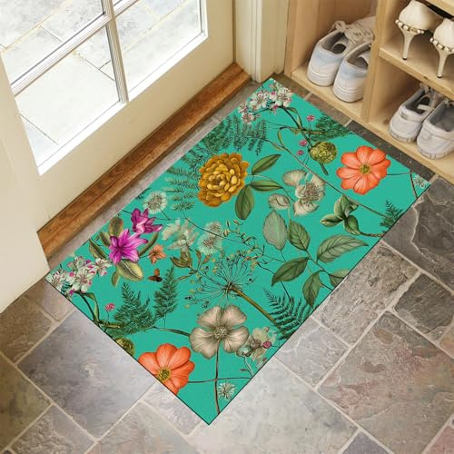CEDNXOER Fußmatte Innen Waschbare, Dünn Fussmatte Türkis 45x75 cm, Teppich Retro Pflanzen Bettvorleger rutschfest für Schlafzimmer, Blumen Fußmatten Innen für Haustür, Küche