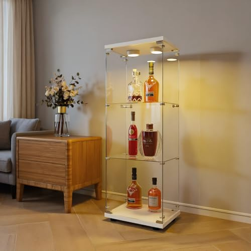 TIMORWTF Glasmonter med LED-lampor, modern pansarskåp med 3 hyllor och dörr, väggskåp för samling, sovrum, vardagsrum och matsal, vit