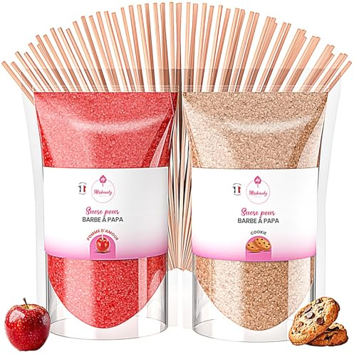 Misskandy® algodón de azúcar para máquina- Pack de 2 * 160Gr : Sabores:fresa/frambuesa + 10 palitos (gratis) (manzana caramelizada/galleta)
