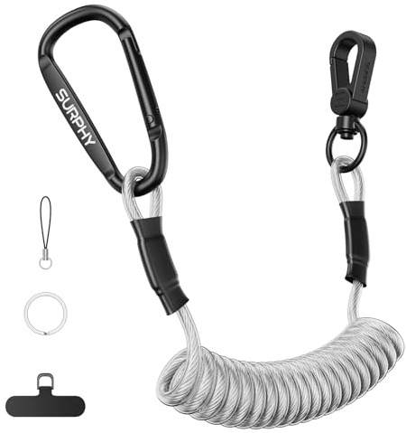 SURPHY Retractable Phone Lanyard, Phone Tether Tab & Metal Keychain Hook, Anti-theft Phone Strap Coiled Cord Lanyard for Skiing Outdoor