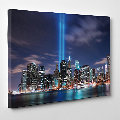 Quadro Moderno su Tela Canvas - Città NY New York - Manhattan Panorama di Notte - Uffici New York - Borsa - Grattacieli Illuminati sul Fiume Hudson - 30x40cm - Spessore 2cm - (cod.201)